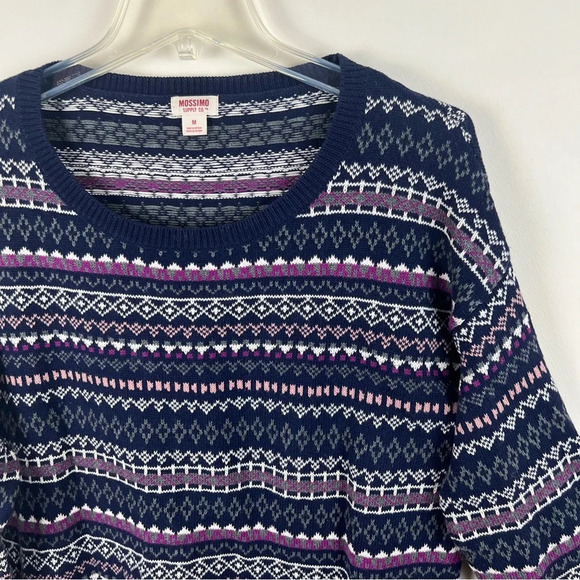 Mossimo Fair Isle Crew Neck Sweater 100% Cotton Navy Blue Pink Ski Cabin Medium - Picture 2 of 10